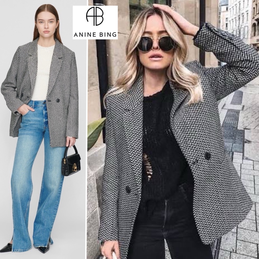 Anine Bing Fishbone Herringbone Blazer L Oversized Wool Blend Double Breasted - Picture 1 of 16